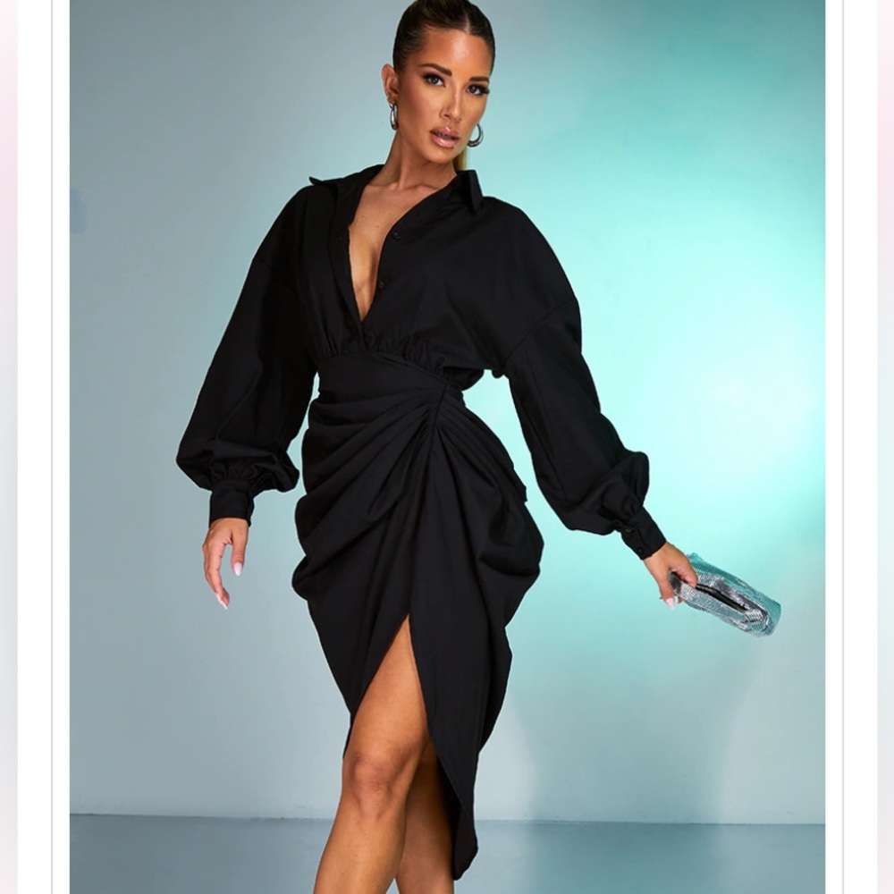 Black Balloon Sleeve Gathered Skirt Midi Shirt Dress